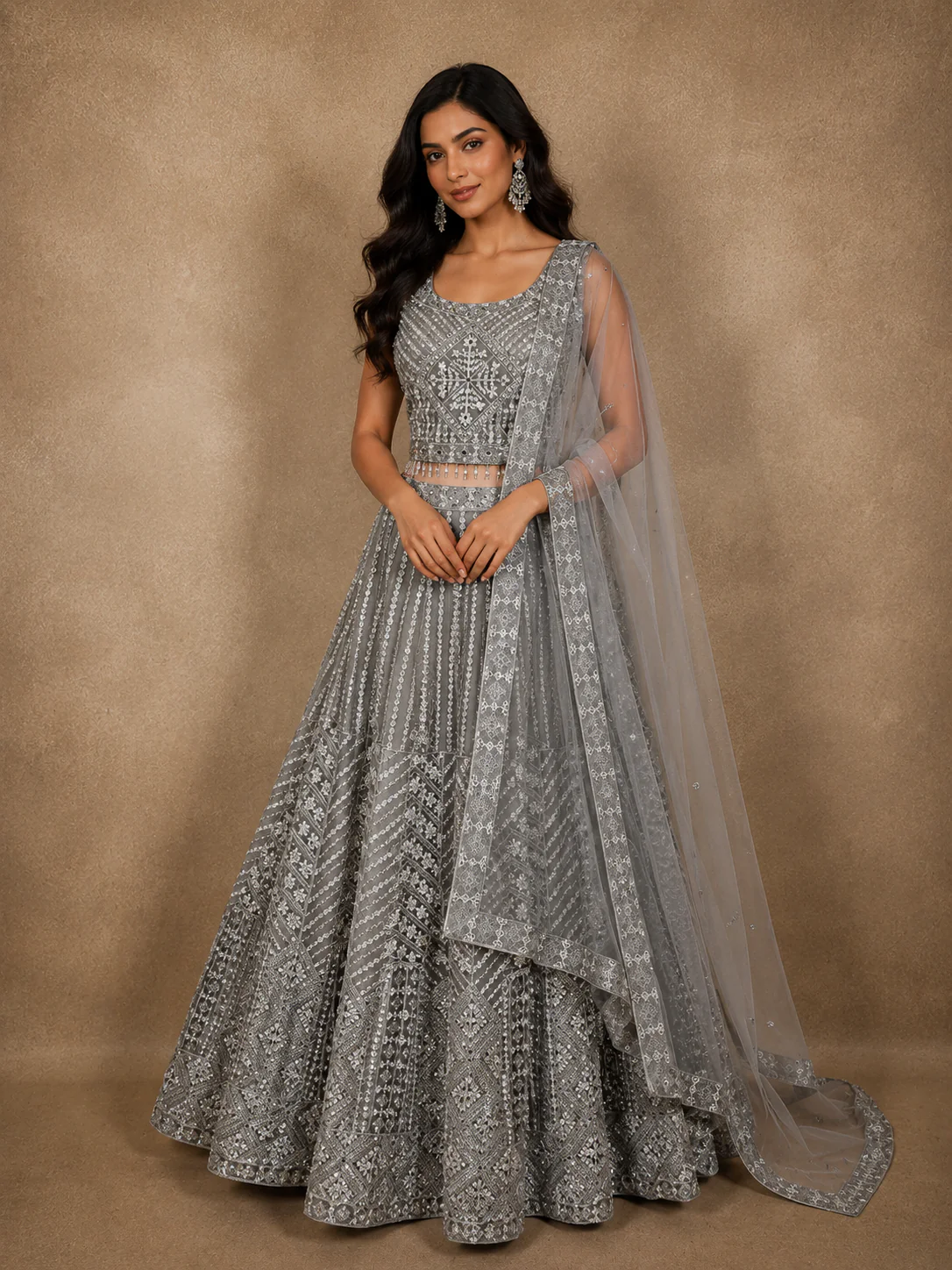 Elegant Dove Grey Mirror and Thread Embroidered Design Net Lehenga With Dupatta